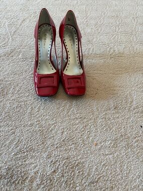 BCBGirls Red Patent Square-Toe Pumps with Buckle Accent